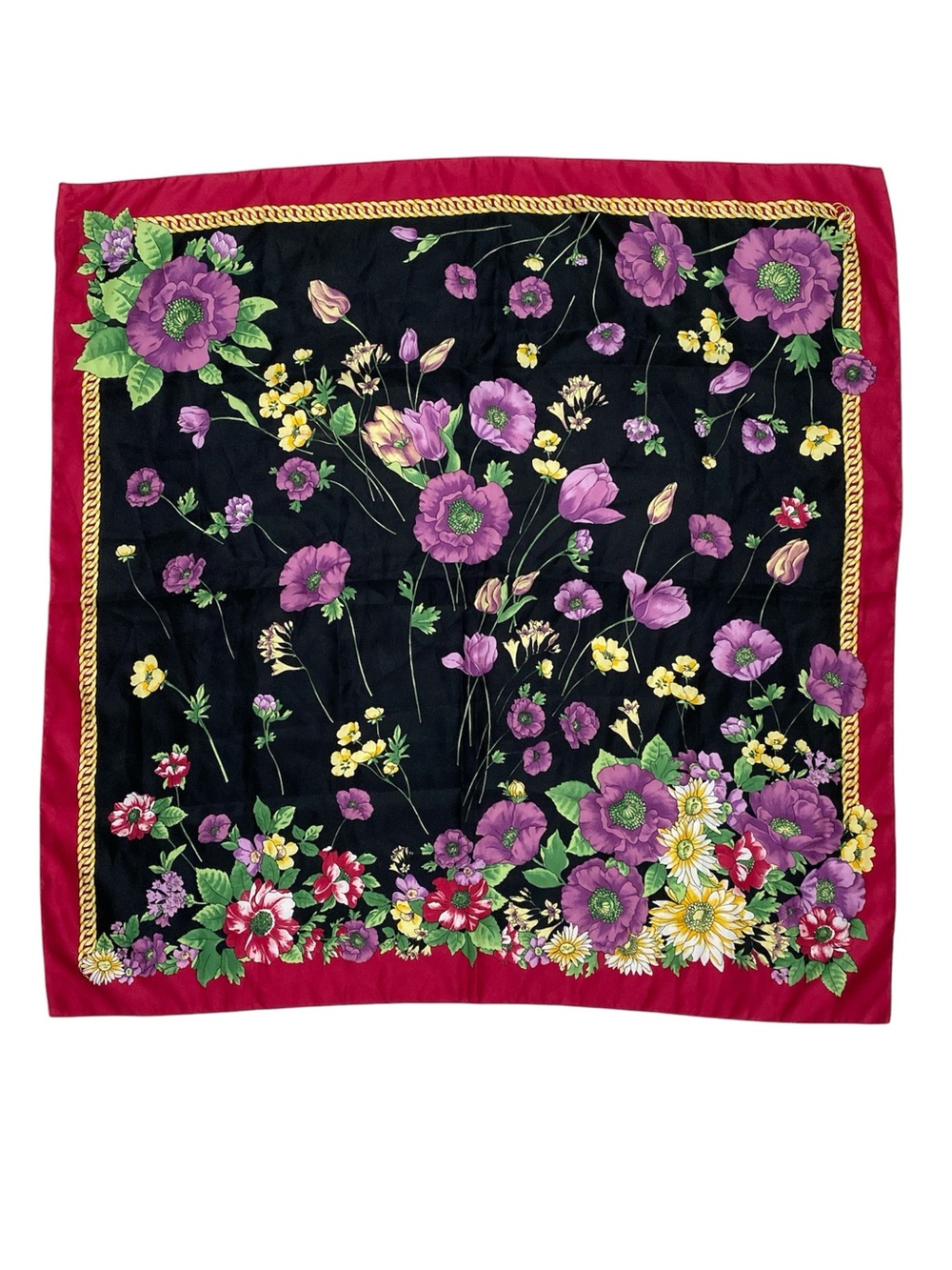 Floral Square Scarf - Purple Floral on Black with Red Border 34” x 34”